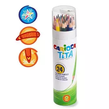 Карандаши 24 цвета, Carioca "Tita", дерево, шестигранные, грифель 3 мм, яркие, тубус + точилка в ПОДАРОК