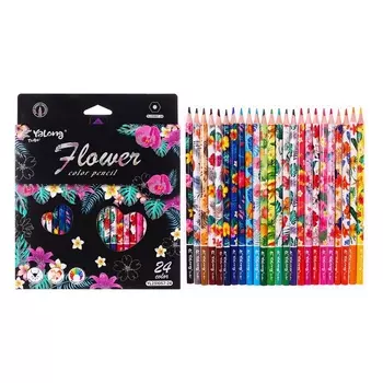 Карандаши 24 цвета, в картонной коробке, шестигранные, деревянные «Цветы на чёрном», МИКС