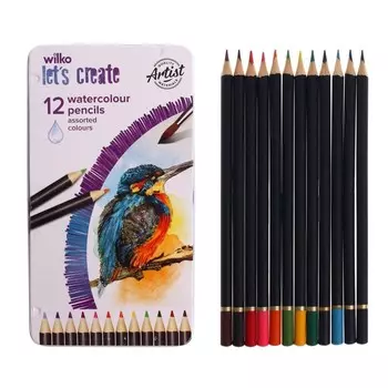 Карандаши акварельные 12 цветов, корпус деревянный, шестигранные, в металлической коробке