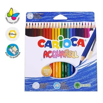 Карандаши акварельные 24 цвета Carioca Acquarel, шестигранные, деревянные, мягкий грифель 3,3 мм, картонная упаковка