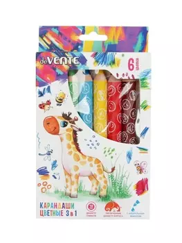 Карандаши цветные акварельные 6 цветов, мини deVENTE Jumbo 3 в 1 супер мягкие, d=14.7 мм; L-110 мм с точилкой