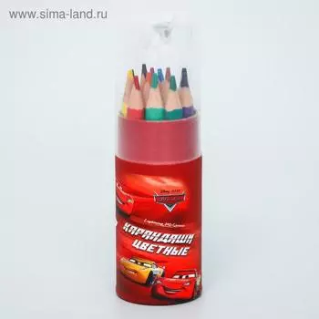 Цветные карандаши в тубусе, 12 цветов, трехгранные, Тачки