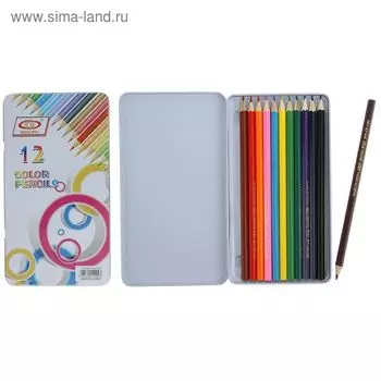 Карандаши цветные, в металлическом пенале, 12 цветов, заточенные