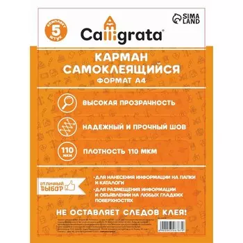 Карман самоклеящийся А4, 223303 мм, комплект 5 штуки, Calligrata, 110 мкм, на лицевую сторону папок и любые гладкие поверхности