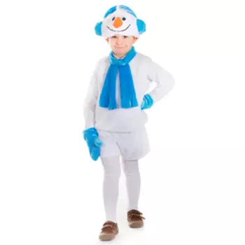 Карнавальный костюм «Снеговичок», кофта, шарф, шорты, шапка, варежки, рост 122-128 см