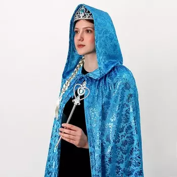 Карнавальный набор: голубой плащ с узором, коса, жезл, корона, длина 85 см