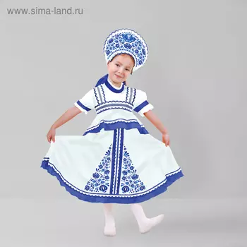 Карнавальный русский костюм «Синие цветы», платье-сарафан, кокошник, белый, р-р 32, рост 122- 128 см