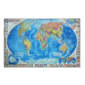 Карта настенная "Мир Политический с флагами", ГеоДом, 124х80 см, 1:24 млн, на рейках