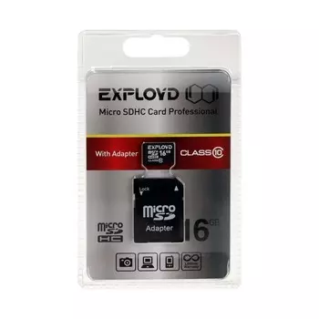 Карта памяти Exployd MicroSD, 16 Гб, SDHC, класс 10, с адаптером SD