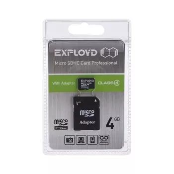 Карта памяти Exployd MicroSD, 4 Гб, SDHC, класс 4, с адаптером SD
