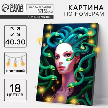 Картина по номерам на холсте с подрамником и гирляндой «Девушка и змеи», 3040 см, набор для творчества
