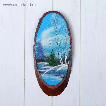 Картина "Зима" на срезе дерева, каменная крошка