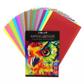 Картон цветной перламутровый, флуоресцентный, Calligrata, А4, 20 листов по 20 цветов, мелованный, односторонний 200 г/м, в папке
