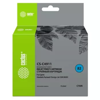 Картридж Cactus CS-C4911 №82, для HP DJ 500/800C, 72 мл, цвет голубой