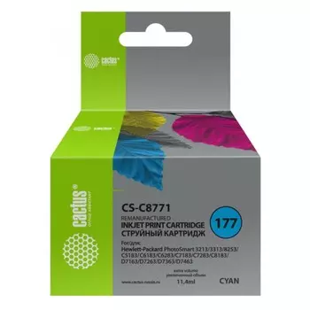 Картридж Cactus CS-C8771 №177, для HP PS 3213/3313/8253/C5183/C6183/C6283, 11,4 мл, цвет голубой
