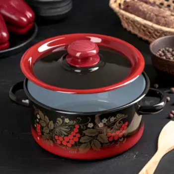 Кастрюля эмалированная «Рябинушка», 2 л, цилиндрическая, цвет чёрно-красный, ручка МИКС