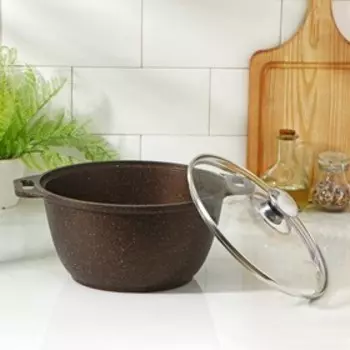 Кастрюля, 3 л, d=24,5 см, h=17 см, стеклянная крышка, антипригарное покрытие, цвет кофейный мрамор