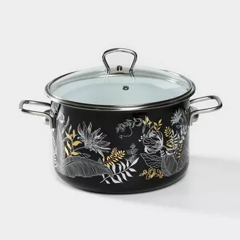 Кастрюля эмалированная Magia, 5,5 л, d=24 см, стеклянная крышка, индукция, чёрный