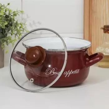 Кастрюля эмалированная «Бордо», 2,1 л, стеклянная крышка, индукция, цвет бордовый