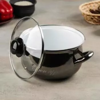 Кастрюля эмалированная «Металлик», 3,1 л, стеклянная крышка, индукция, цвет чёрный