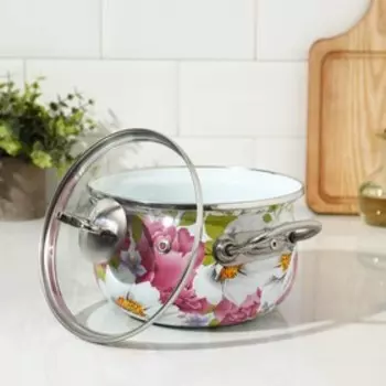 Кастрюля эмалированная «Пион», 2.1 л, стеклянная крышка, индукция