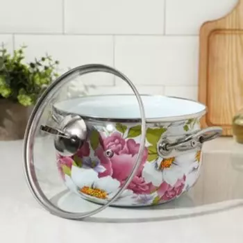 Кастрюля эмалированная «Пион», 3.1 л, стеклянная крышка, индукция