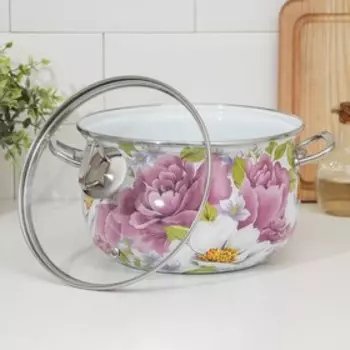 Кастрюля эмалированная «Пион», 4 л, стеклянная крышка, индукция