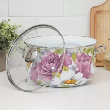 Кастрюля эмалированная «Пион», 5,1 л, d=22 см, стеклянная крышка, индукция