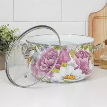 Кастрюля эмалированная «Пион», 5.7 л, стеклянная крышка, индукция