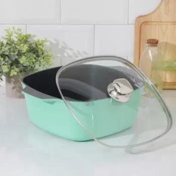 Кастрюля Titanium pro Induction, 6,5 л, квадратная, 28×28 см, стеклянная крышка, антипригарное покрытие, индукция, цвет зелёный