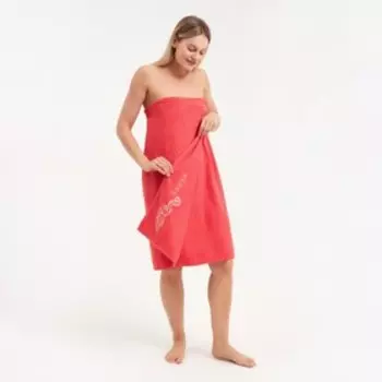 Килт женский для бани и сауны , цвет коралловый вышивка Киса, размер 80х150±2 см махра 300г/м 100% хлопок