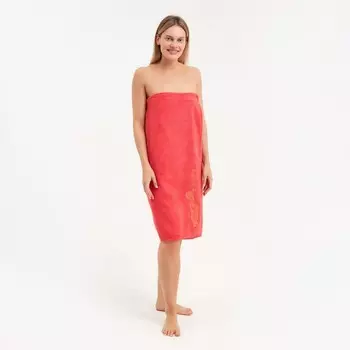 Килт женский для бани и сауны , цвет коралловый вышивка Киса, размер 80х150±2 см махра 300г/м 100% хлопок