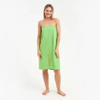 Килт женский для бани и сауны , цвет зелёный вышивка Киса, размер 80х150±2 см, махра 300г/м 100% хлопок