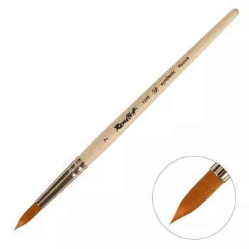 Кисть Синтетика, круглая, Жесткая, укороченная вставка, Roubloff серия 1310 № 7, ручка короткая пропитана лаком, жёлтая обойма