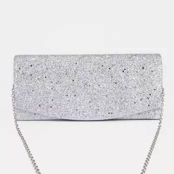 Сумка-клатч на клапане, длинная цепь, цвет серый