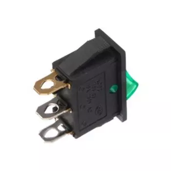 Клавишный выключатель, 250 В, 15 А, ON-OFF, 3с, зеленый, с подсветкой, розничная упаковка.