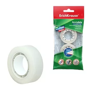 Клейкая лента канцелярская, 18 мм х 20 метра, ErichKrause Invisible, матовая, незаметная, в пакете, подвес, цена за 1шт.