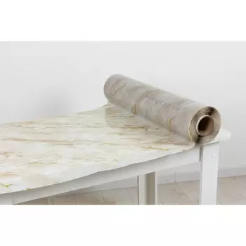 Клеёнка прозрачная 0,8 мм, рисунок Бежевый мрамор, рулон 20 п.м.