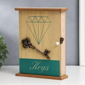 Ключница дерево 6 крючков "Бриллиант и ключ" зелёный и золото 26,5х21х6,7 см