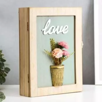 Ключница дерево "Цветы в горшке - Love" голубая 26х19,5х5,5 см