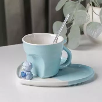 Кофейная пара керамическая «Мишка с сердцем», 3 предмета: кружка 200 мл, блюдце 15,5158 см, ложка, цвет голубой