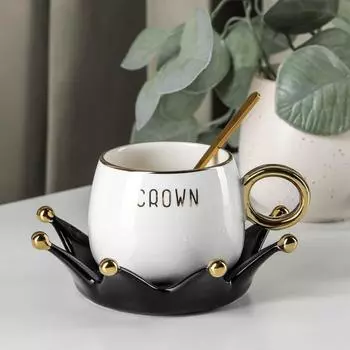 Кофейная пара с ложкой «Корона», чашка 240 мл, блюдце d=14 см, цвет бело-чёрный