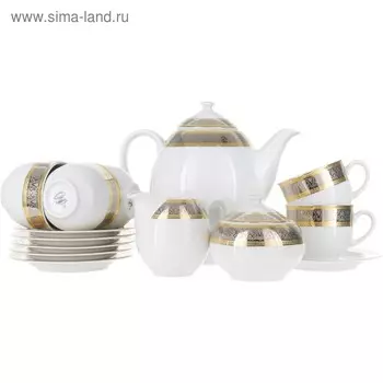 Кофейный сервиз 6/9 Opal, декор «Широкий кант платина, золото», 15 предметов