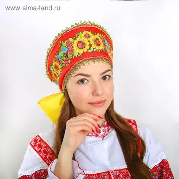 Кокошник «Фантазия с подсолнухами», на красном