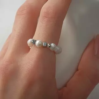 Кольцо бусины "МИКС камней" (жемчуг, гематит), 18 размер