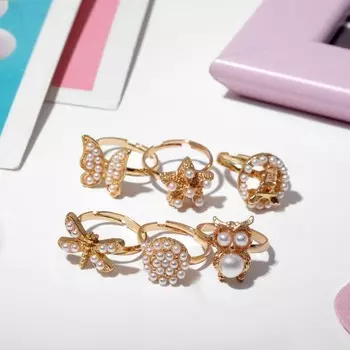 Кольцо детское "Выбражулька" ассорти жемчужное, безразмерное, форма МИКС, цвет белый в золоте