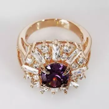 Кольцо с аметистом "Двойные цирконы", позолота с родированием, размер 19