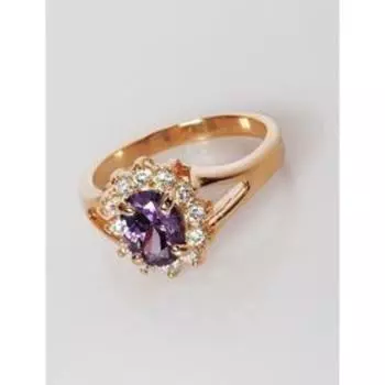 Кольцо с аметистом "Малый овал в цирконах", позолота с родированием, размер 17