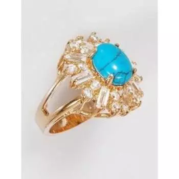 Кольцо с бирюзой "Двойные цирконы", позолота с родированием , размер 16