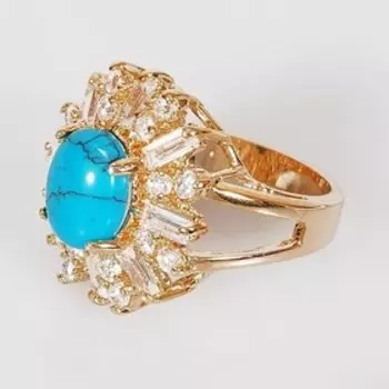 Кольцо с бирюзой "Двойные цирконы", позолота с родированием, размер 19
